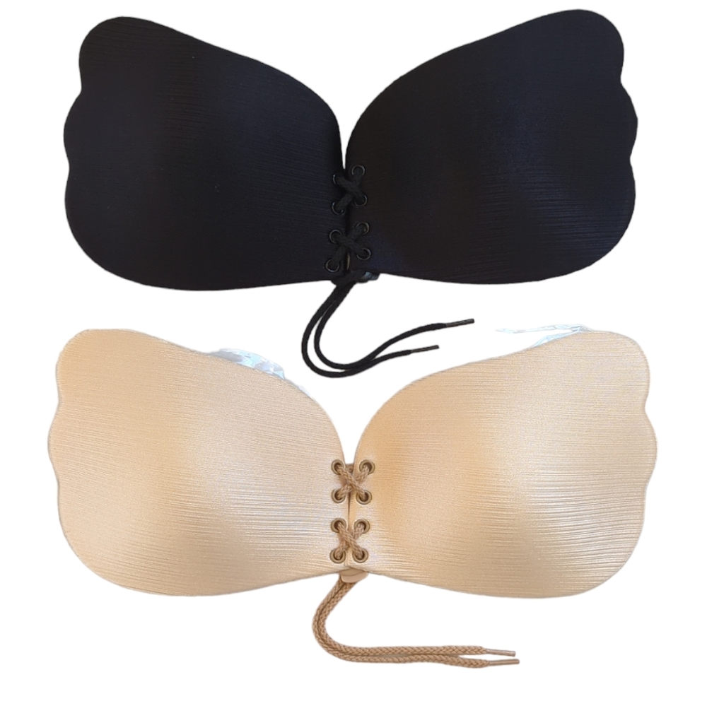 NEW Bocianelli Strapless Backless Push Up Sticky Bras D Cup Beige Black 2 Pack